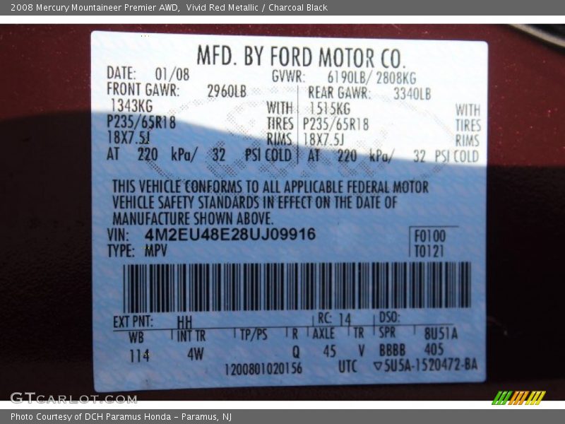Vivid Red Metallic / Charcoal Black 2008 Mercury Mountaineer Premier AWD