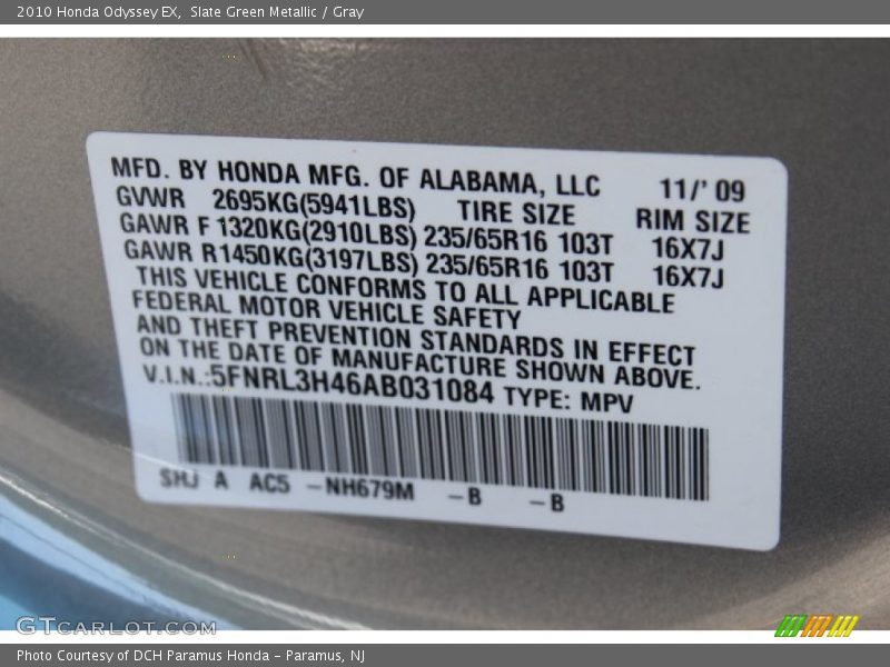 Slate Green Metallic / Gray 2010 Honda Odyssey EX