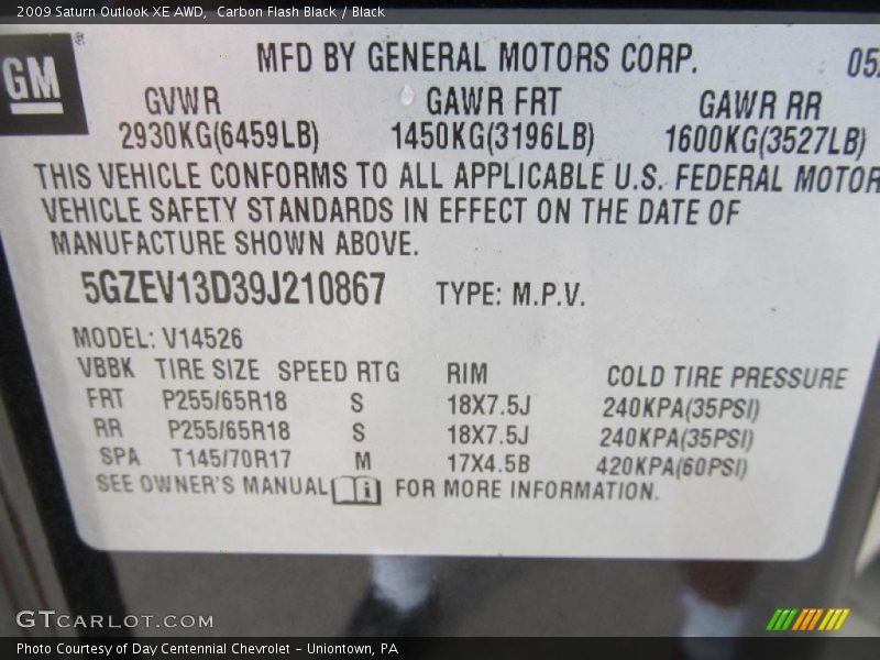 Carbon Flash Black / Black 2009 Saturn Outlook XE AWD