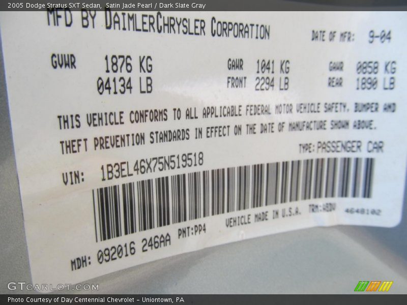 2005 Stratus SXT Sedan Satin Jade Pearl Color Code PP4