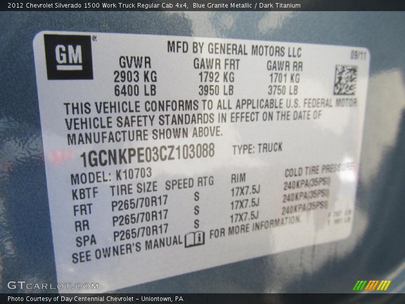 Blue Granite Metallic / Dark Titanium 2012 Chevrolet Silverado 1500 Work Truck Regular Cab 4x4