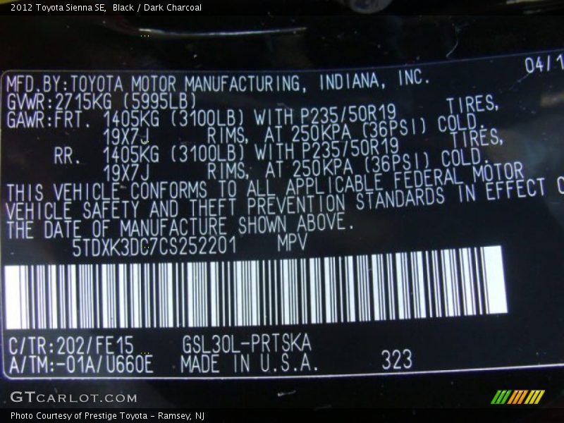 Black / Dark Charcoal 2012 Toyota Sienna SE