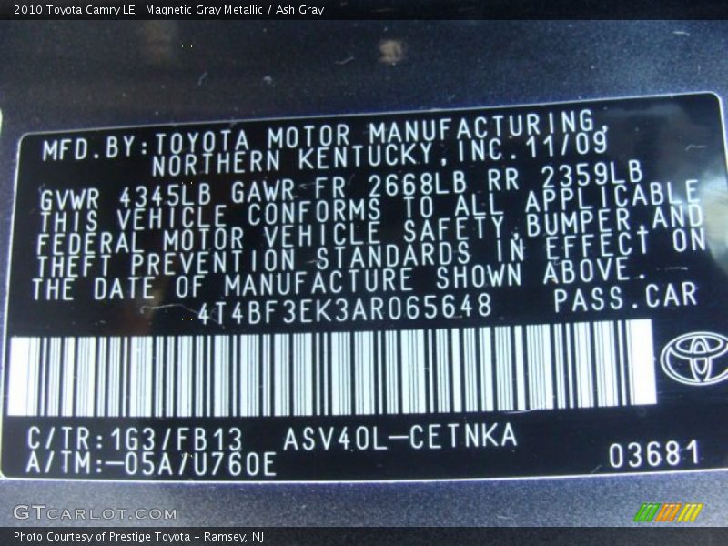 Magnetic Gray Metallic / Ash Gray 2010 Toyota Camry LE