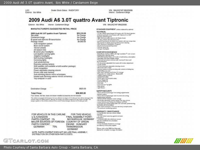  2009 A6 3.0T quattro Avant Window Sticker