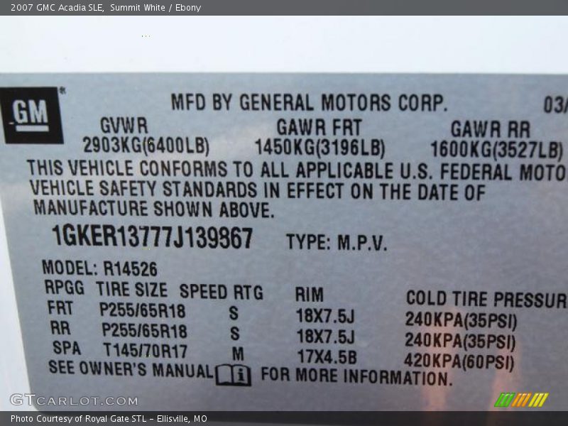 Summit White / Ebony 2007 GMC Acadia SLE