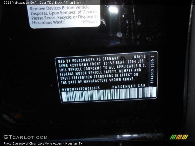 Black / Titan Black 2013 Volkswagen Golf 4 Door TDI