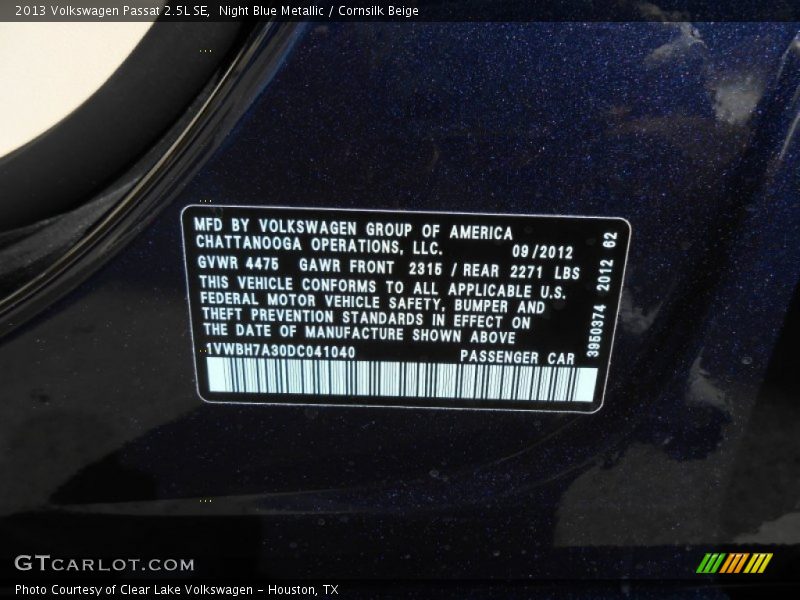 Night Blue Metallic / Cornsilk Beige 2013 Volkswagen Passat 2.5L SE