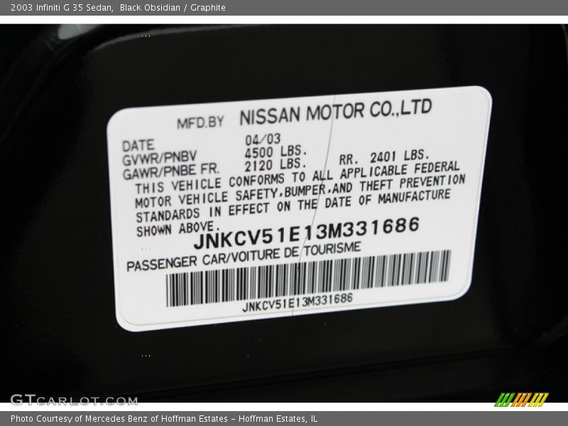 Black Obsidian / Graphite 2003 Infiniti G 35 Sedan