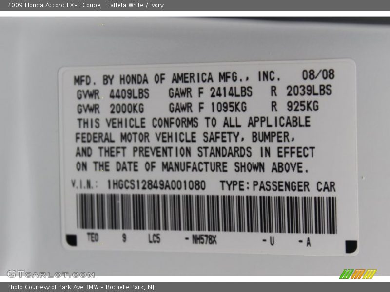 Taffeta White / Ivory 2009 Honda Accord EX-L Coupe