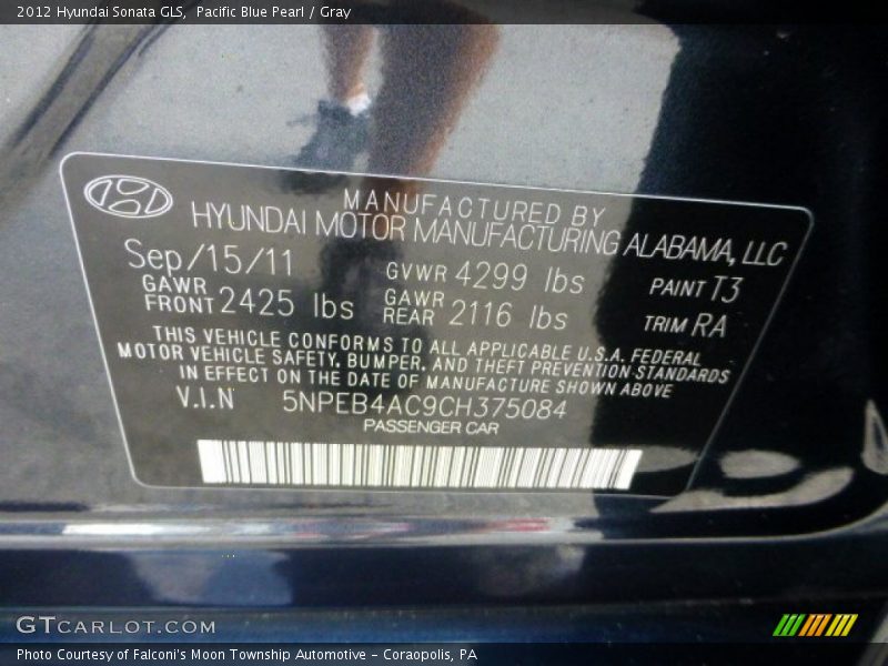 Pacific Blue Pearl / Gray 2012 Hyundai Sonata GLS