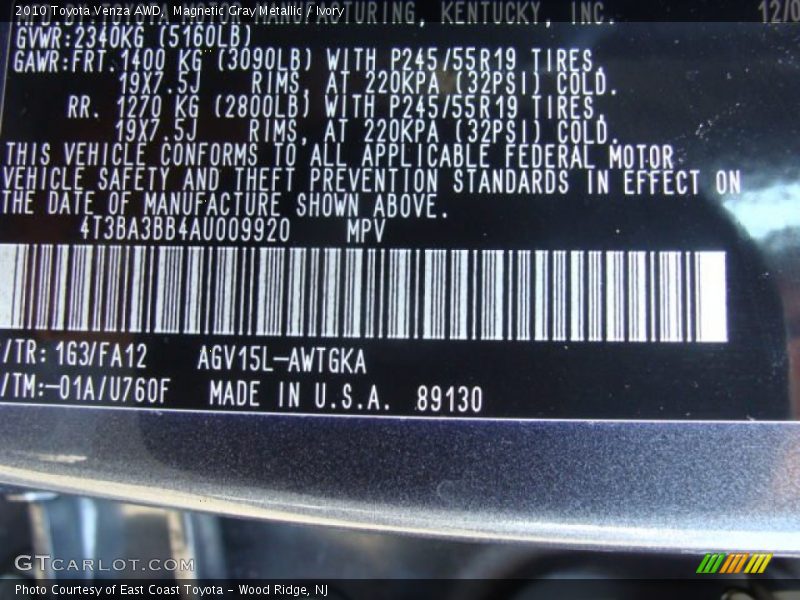 Magnetic Gray Metallic / Ivory 2010 Toyota Venza AWD