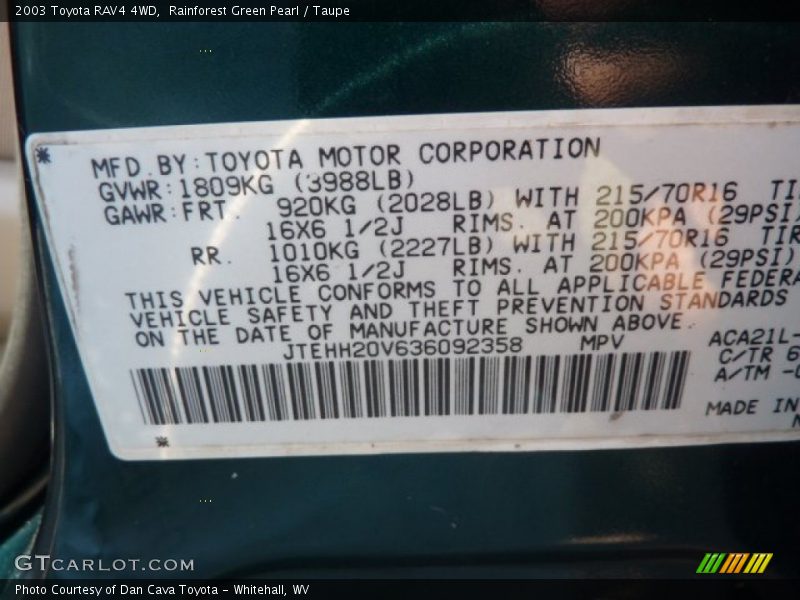 Rainforest Green Pearl / Taupe 2003 Toyota RAV4 4WD
