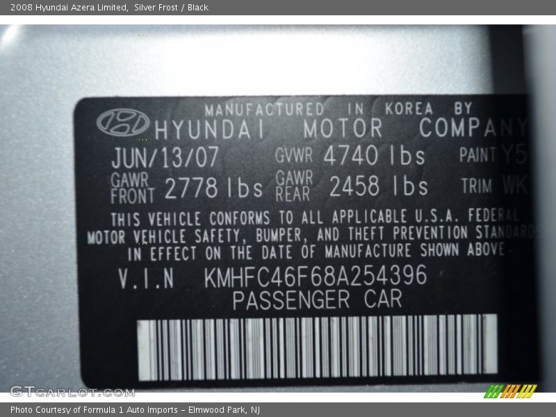 Silver Frost / Black 2008 Hyundai Azera Limited