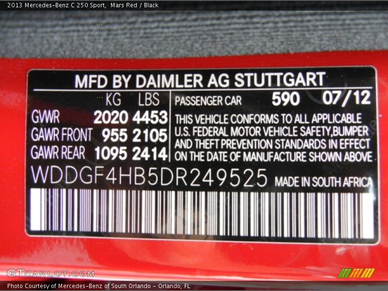 2013 C 250 Sport Mars Red Color Code 590