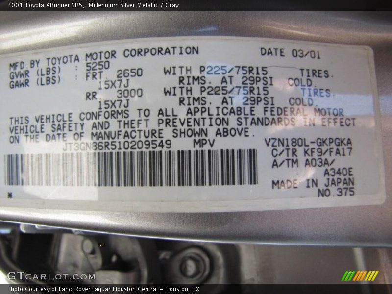 Millennium Silver Metallic / Gray 2001 Toyota 4Runner SR5