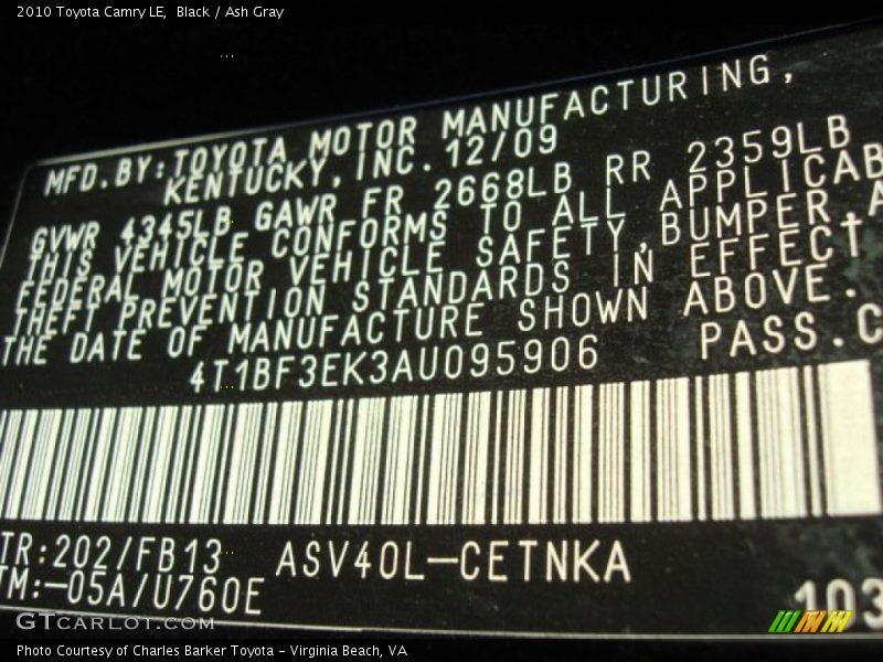 Black / Ash Gray 2010 Toyota Camry LE