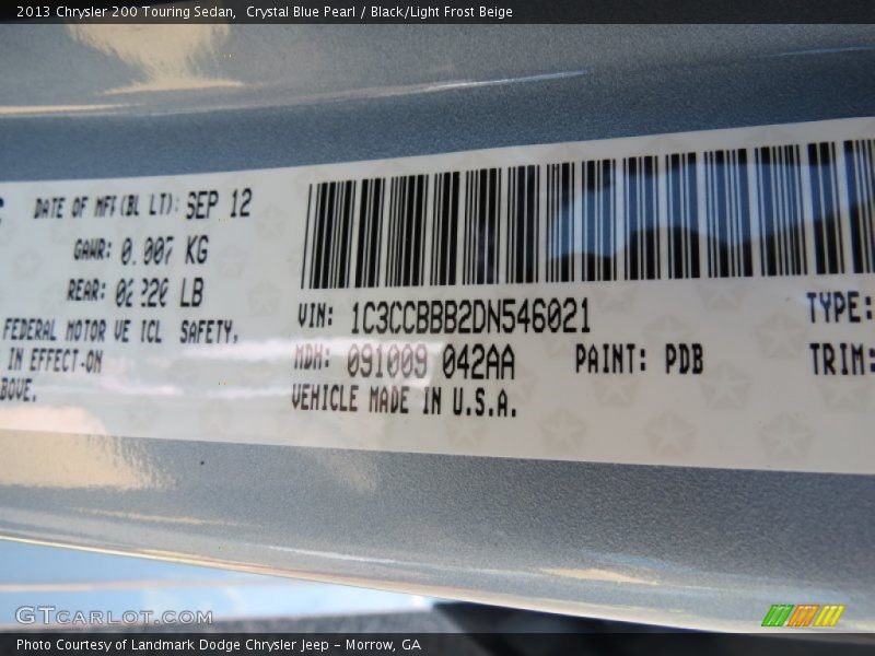 Crystal Blue Pearl / Black/Light Frost Beige 2013 Chrysler 200 Touring Sedan