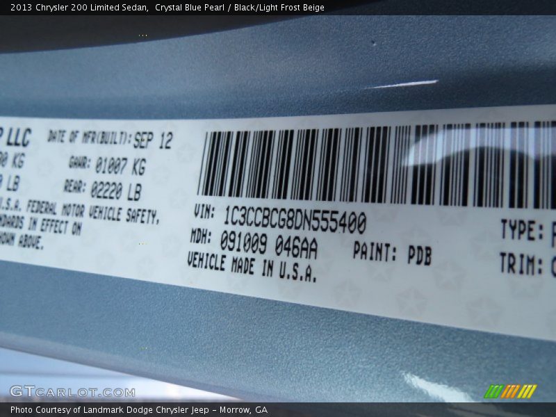 Crystal Blue Pearl / Black/Light Frost Beige 2013 Chrysler 200 Limited Sedan