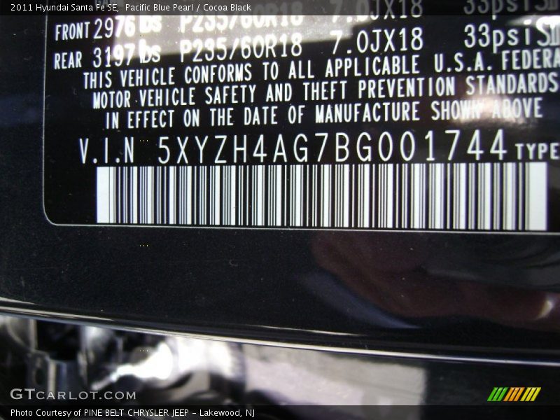 Pacific Blue Pearl / Cocoa Black 2011 Hyundai Santa Fe SE
