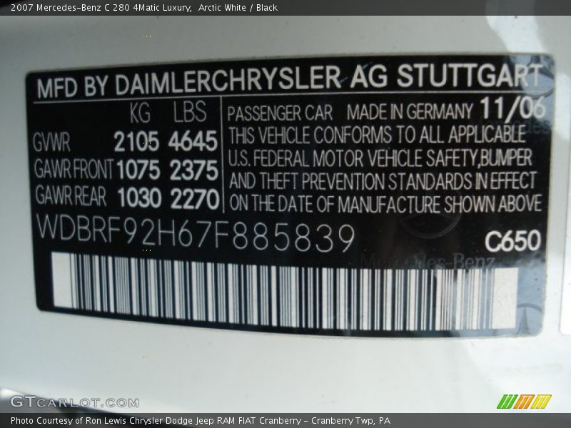 Arctic White / Black 2007 Mercedes-Benz C 280 4Matic Luxury