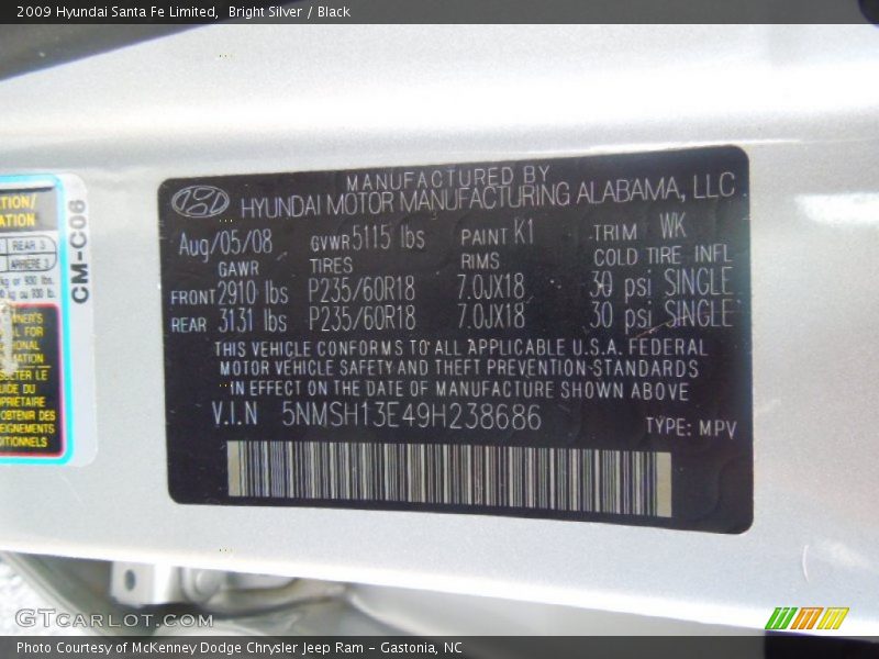 Bright Silver / Black 2009 Hyundai Santa Fe Limited