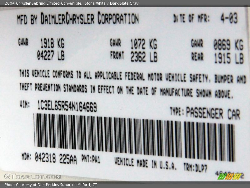 Stone White / Dark Slate Gray 2004 Chrysler Sebring Limited Convertible