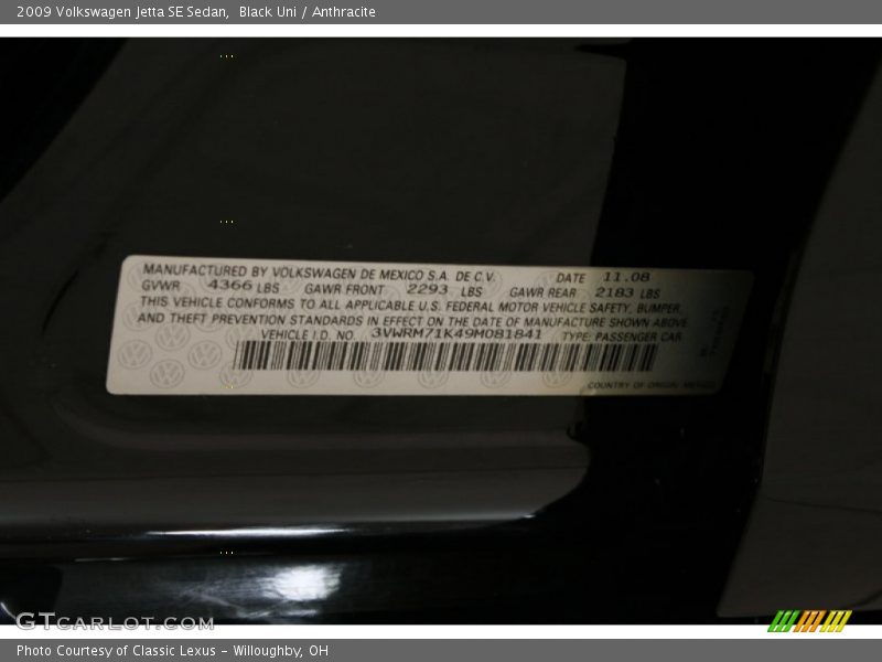 Black Uni / Anthracite 2009 Volkswagen Jetta SE Sedan