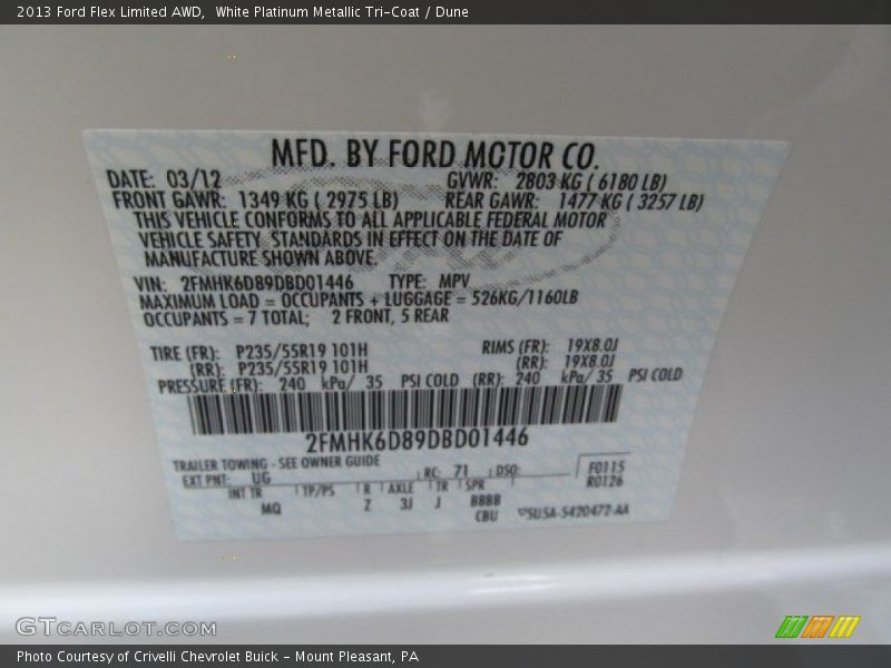 2013 Flex Limited AWD White Platinum Metallic Tri-Coat Color Code UG