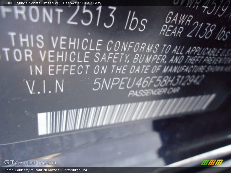 Deepwater Blue / Gray 2008 Hyundai Sonata Limited V6