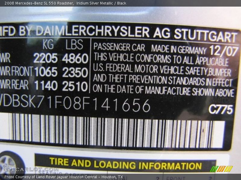 2008 SL 550 Roadster Iridium Silver Metallic Color Code 775