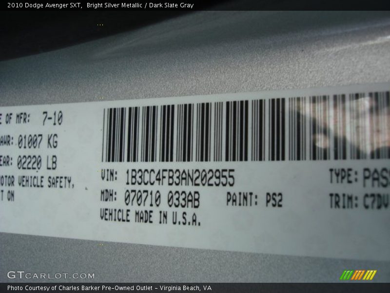 Bright Silver Metallic / Dark Slate Gray 2010 Dodge Avenger SXT