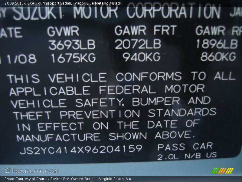 Vapor Blue Metallic / Black 2009 Suzuki SX4 Touring Sport Sedan