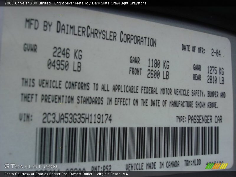 Bright Silver Metallic / Dark Slate Gray/Light Graystone 2005 Chrysler 300 Limited