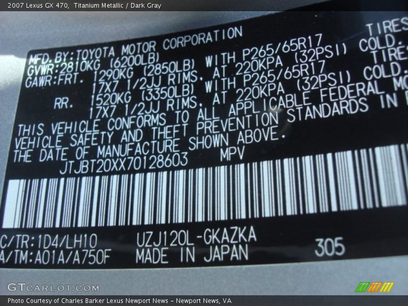 Titanium Metallic / Dark Gray 2007 Lexus GX 470