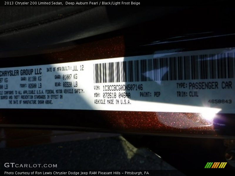 Deep Auburn Pearl / Black/Light Frost Beige 2013 Chrysler 200 Limited Sedan