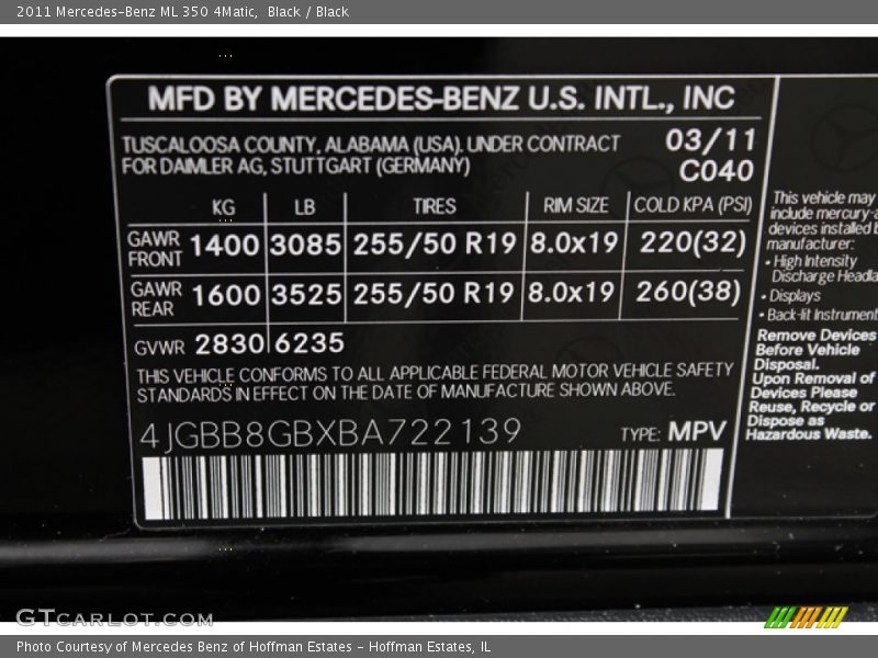 Black / Black 2011 Mercedes-Benz ML 350 4Matic