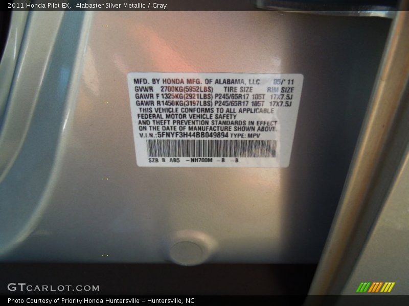 Alabaster Silver Metallic / Gray 2011 Honda Pilot EX