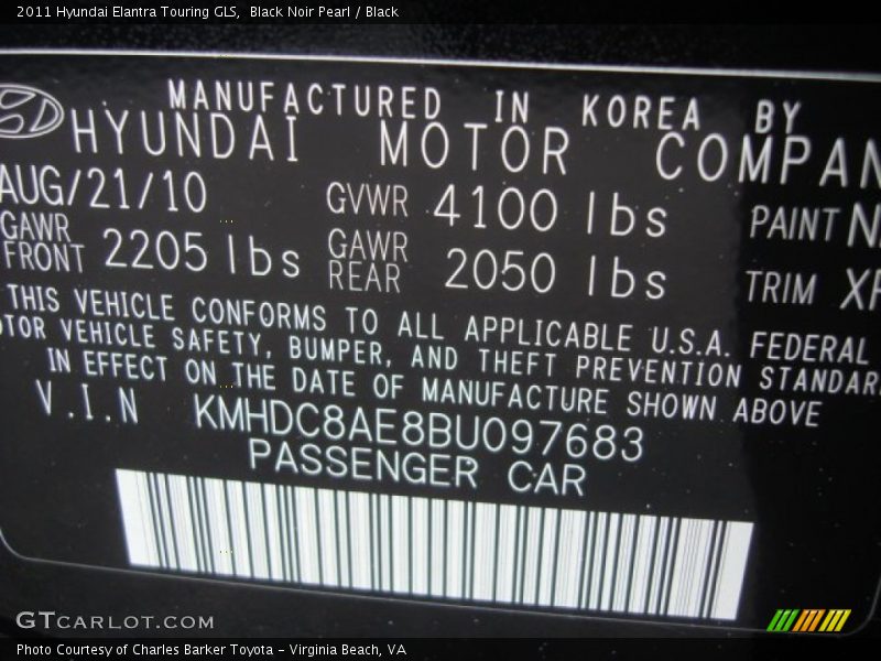 Black Noir Pearl / Black 2011 Hyundai Elantra Touring GLS