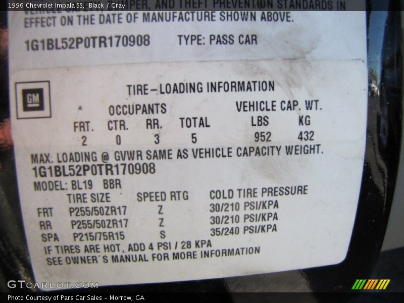 Info Tag of 1996 Impala SS