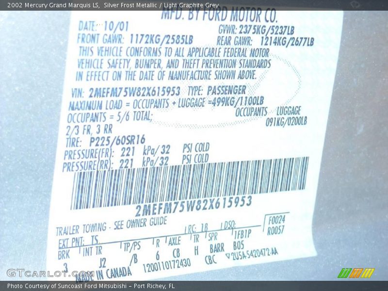 Silver Frost Metallic / Light Graphite Grey 2002 Mercury Grand Marquis LS