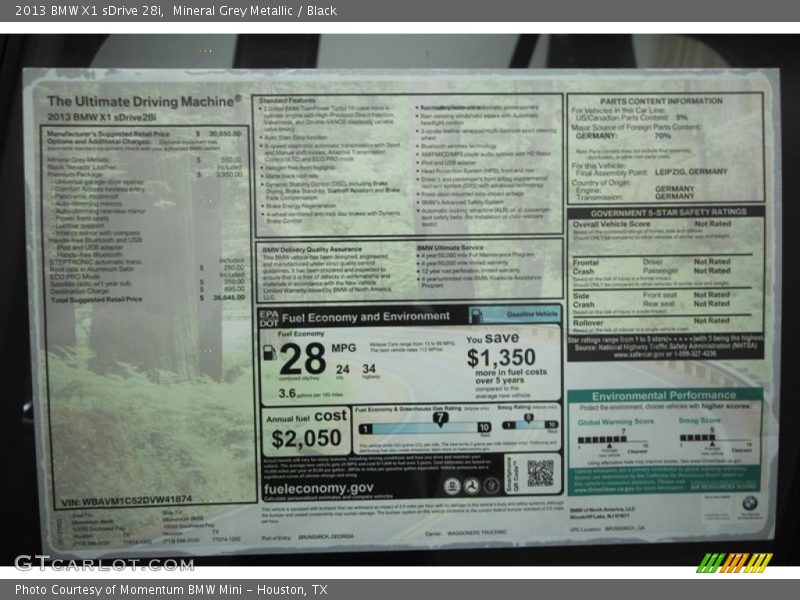 Mineral Grey Metallic / Black 2013 BMW X1 sDrive 28i