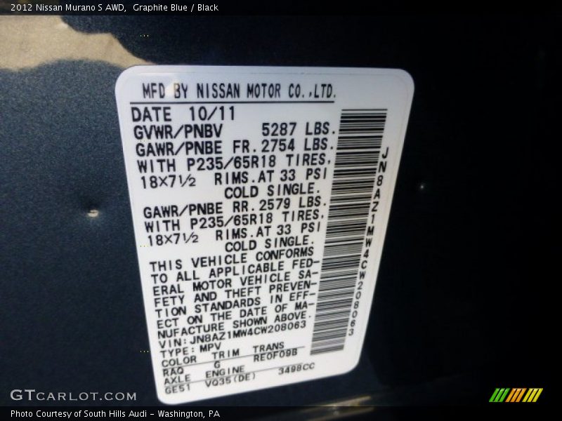 Graphite Blue / Black 2012 Nissan Murano S AWD