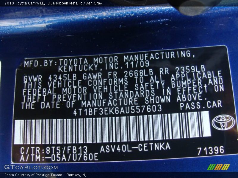 Blue Ribbon Metallic / Ash Gray 2010 Toyota Camry LE