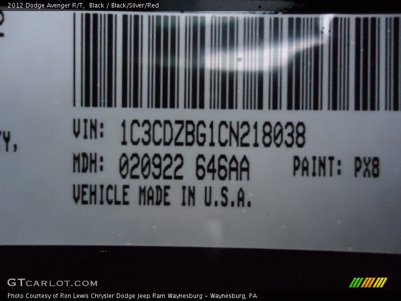 2012 Avenger R/T Black Color Code PX8