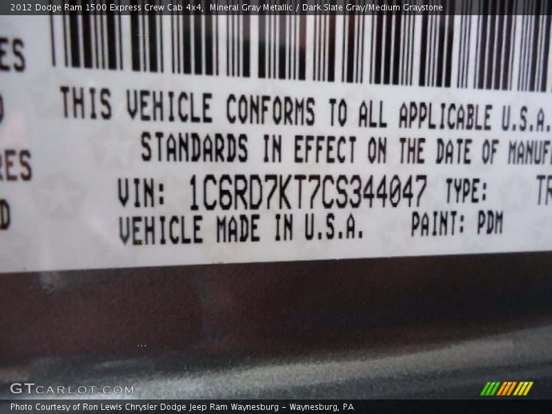 Mineral Gray Metallic / Dark Slate Gray/Medium Graystone 2012 Dodge Ram 1500 Express Crew Cab 4x4
