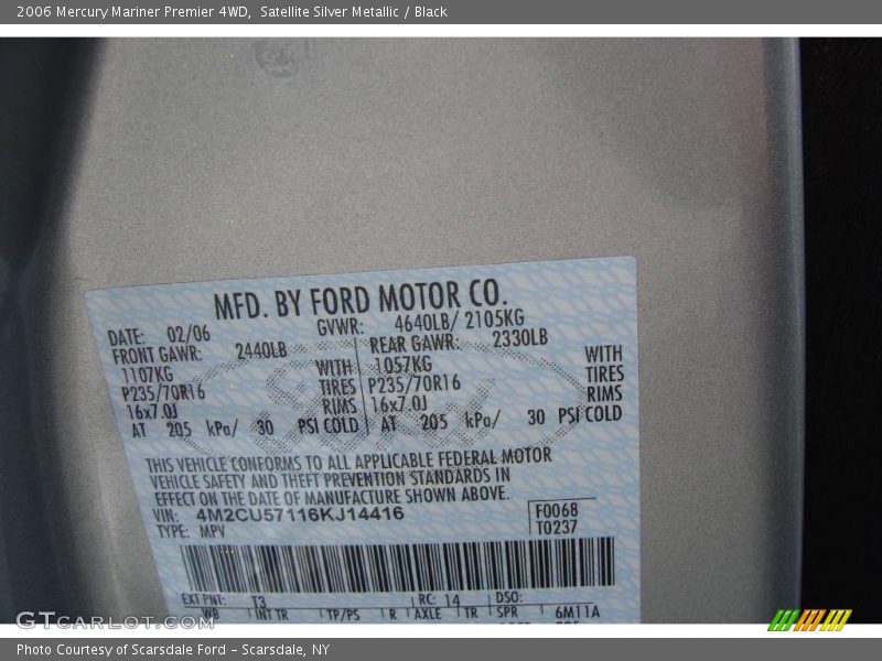Satellite Silver Metallic / Black 2006 Mercury Mariner Premier 4WD