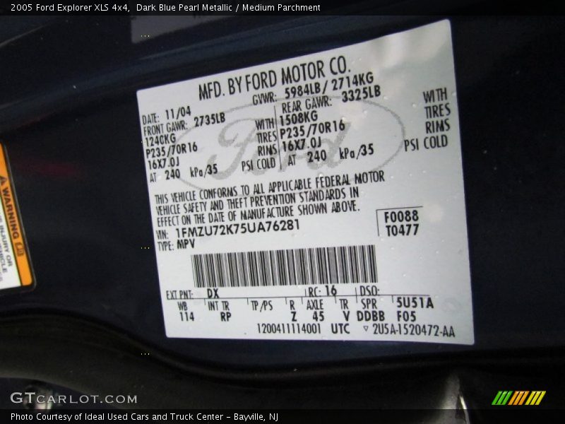 2005 Explorer XLS 4x4 Dark Blue Pearl Metallic Color Code DX
