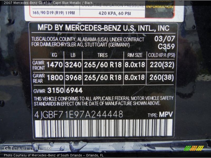 Capri Blue Metallic / Black 2007 Mercedes-Benz GL 450