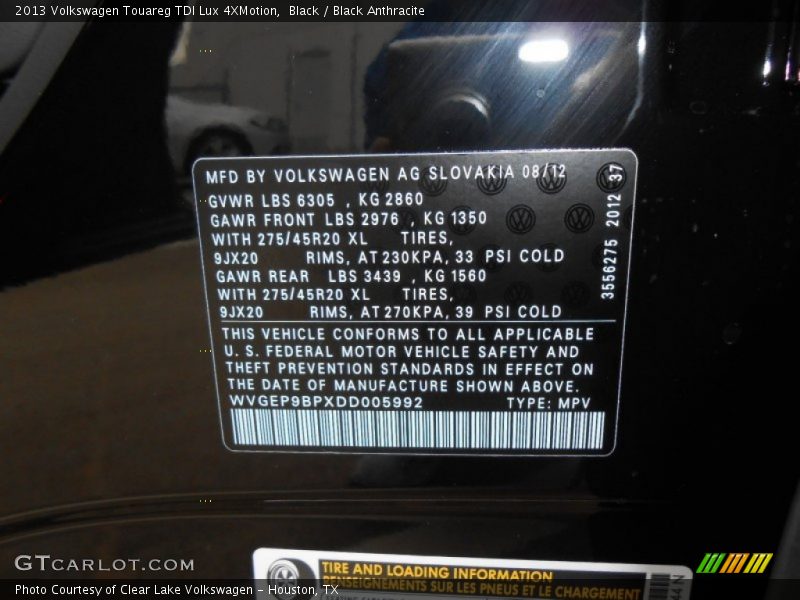 Black / Black Anthracite 2013 Volkswagen Touareg TDI Lux 4XMotion