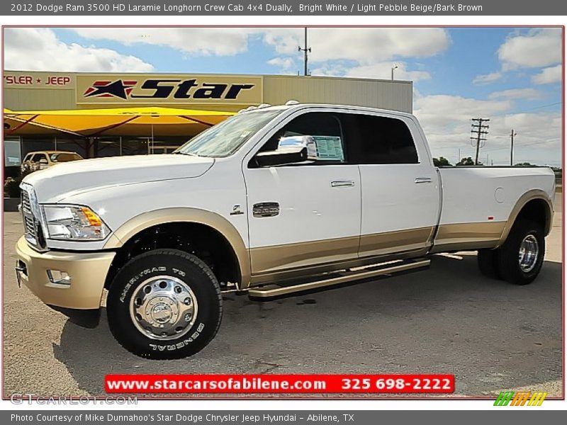 Bright White / Light Pebble Beige/Bark Brown 2012 Dodge Ram 3500 HD Laramie Longhorn Crew Cab 4x4 Dually